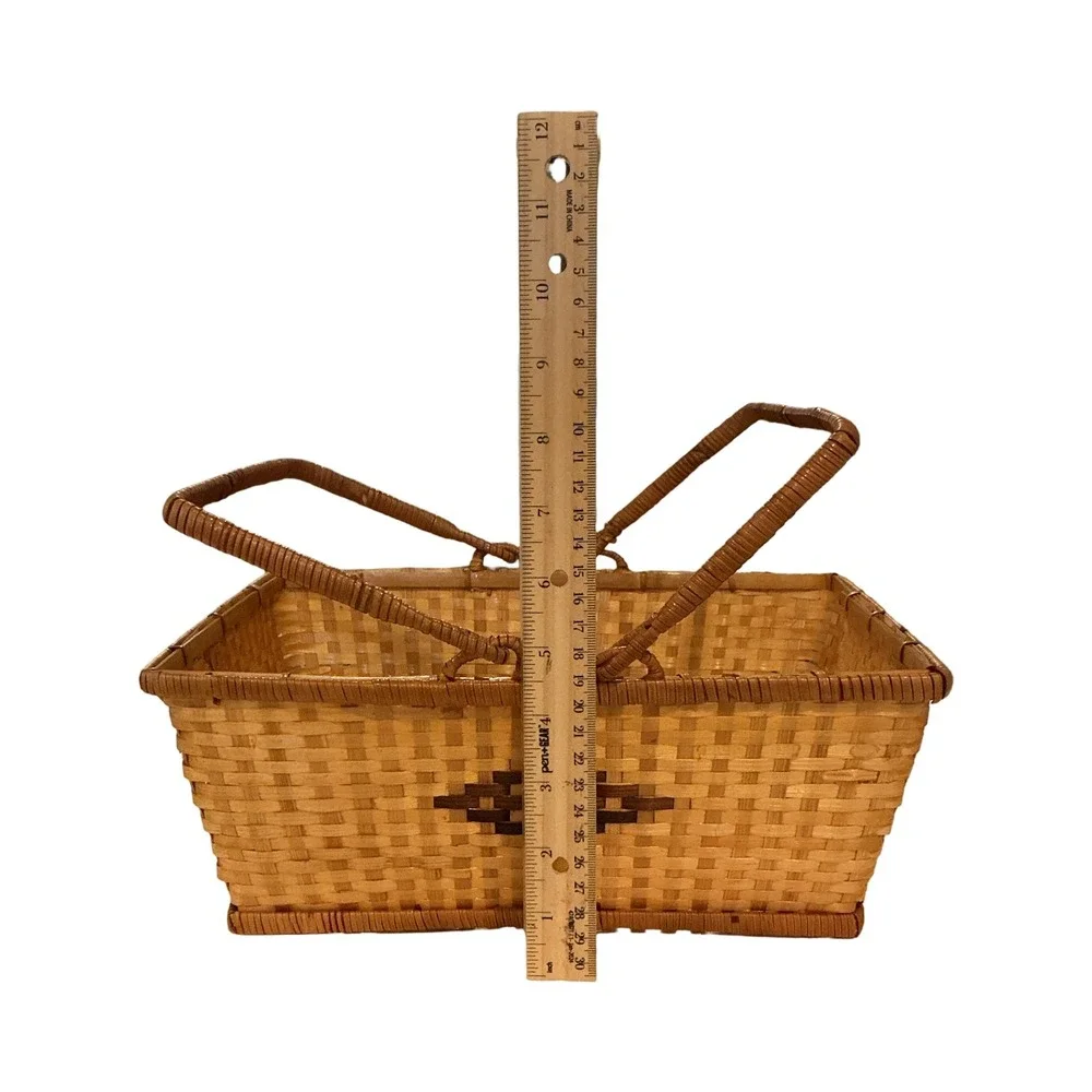 Vintage Woven Wood Splint Picnic Basket Dual Swing Handles Brown Diamond 12x9x4